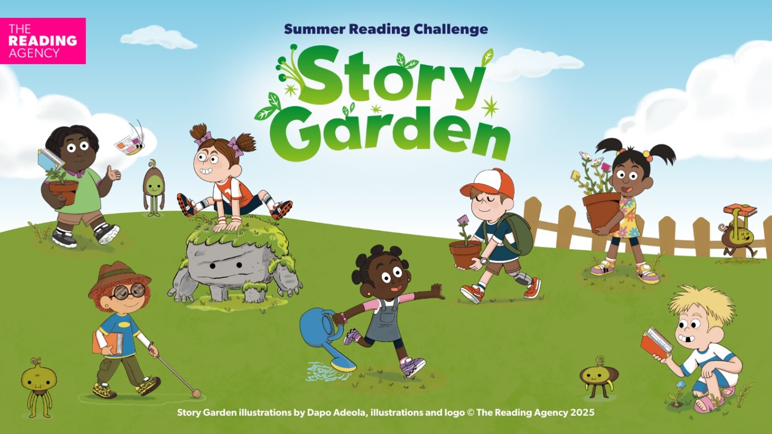 Illustration of kids on grass with some holding books, plants, watering cans. The text on the illustration reads 'Summer Reading Challenge Story Garden' and text at the bottom of the illustration reads 'Story Garden Illustrations by Dapo Adeola, illustrations and logo copyright The Reading Agency 2025'