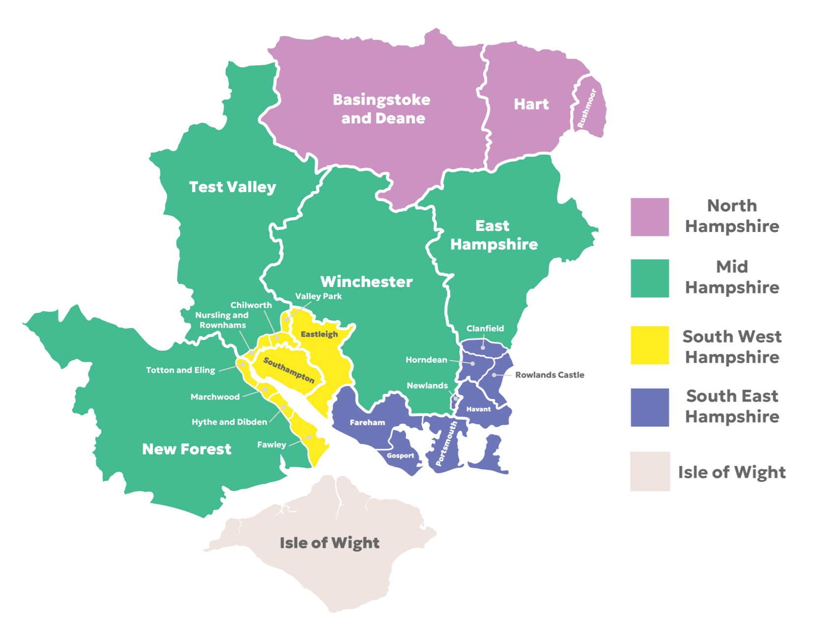Map showing Southampton City Council's preferred option - Southampton merged with Eastleigh, Fawley, Hythe and Dibden, Marchwood, Totton and Eling, Nursling and Rownhams, Chilworth, Valley Park