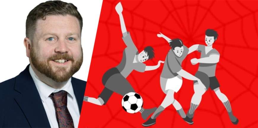 The Leader of Southampton City Council, Councillor Alex Winning, inset with footballers on a cobweb background