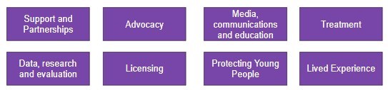 8 boxes saying: Support and Partnerships, Advocacy, Media, communications and education, Treatment, Data, Research and evaluation, Licensing, Protecting Young People, Lived Experience