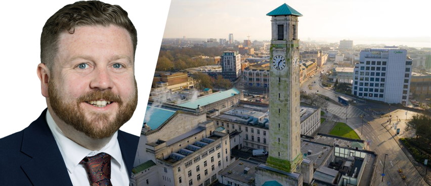 The Leader of Southampton City Council, Councillor Alex Winning, inset with the Civic Centre clocktower