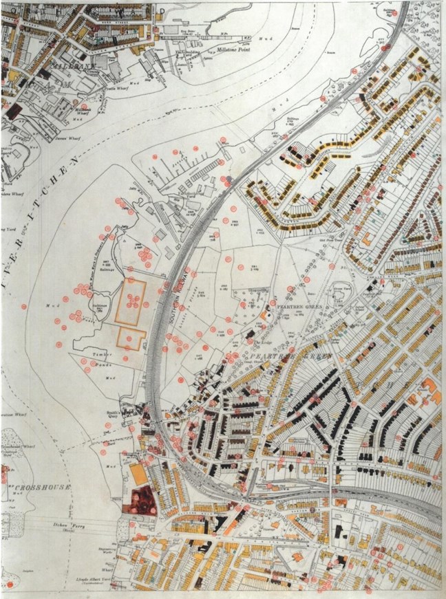 Page from the bomb damage map, showing the Peartree Green area, as well as the banks of the River Itchen. The red circles show where bombs fell on the area.