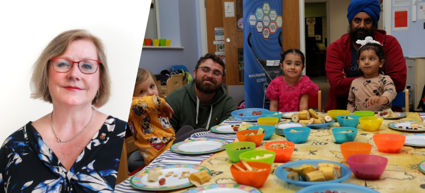 Picture of Leader next to picture of dad's with children sitting around a table