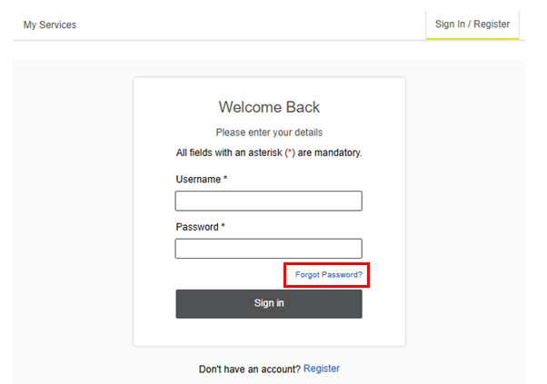 Screen with Forgot Password link