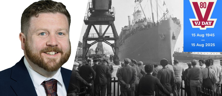 The Leader of Southampton City Council, Councillor Alex Winning, inset with a historic photograph of people looking at a ship. A text and icon shows: VJ Day 80 15 Aug 1945 15 Aug 2025