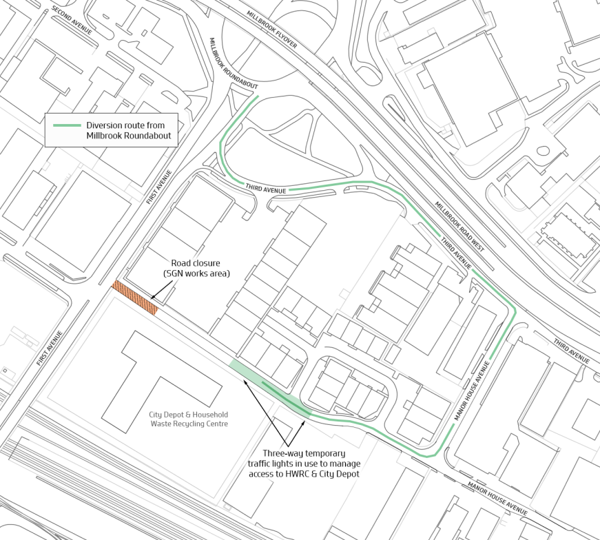 Road closure map with diversion route from Millbrook Roundabout