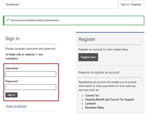 Coucnil Tax log-in after resetting password