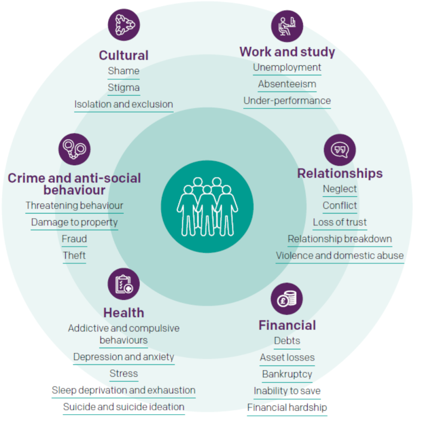 Radius around an icon of people with six sections: Cultural, Work and study, Crime and anti-social behaviour, Relationships, Health and Financial