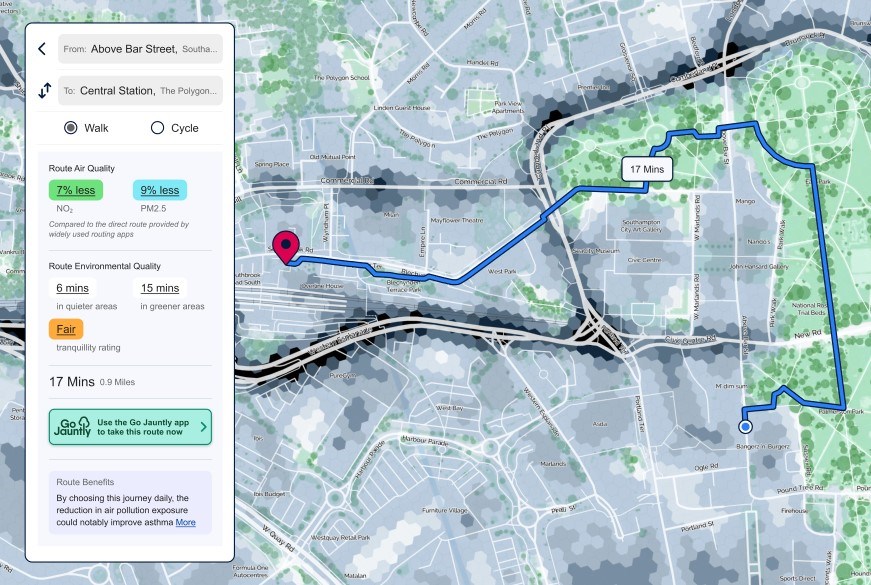 Screenshot of Southampton Airmap showing a plotted route with information on air and environmental quality