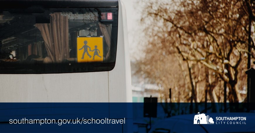 The back of a school bus with some trees beside it. A children alert sign is visible in the bus window. Logo: Southampton City Council. Text: southampton.gov.uk/schooltravel