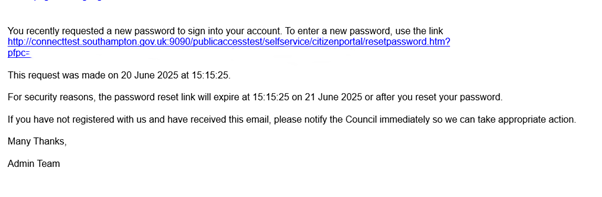 Email with password reset link