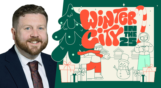 The Leader of Southampton City Council, Councillor Alex Winning, inset with 'Winter in the City 2025' and a Christmas theme