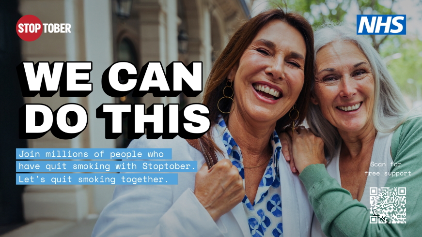 Two women smiling. Text: Stoptober. We Can Do This. Join millions of people who have quit smoking with Stoptober. Let's quit smoking together.