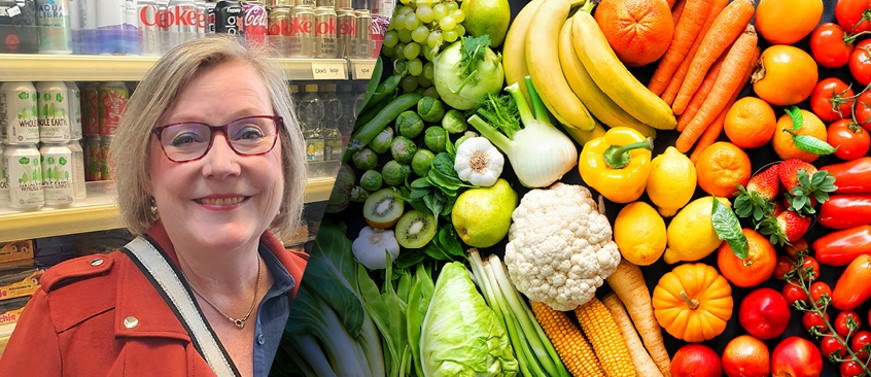 Various colourful fruits and vegetables with an inset of the Leader of the Council, Councillor Lorna Fielker