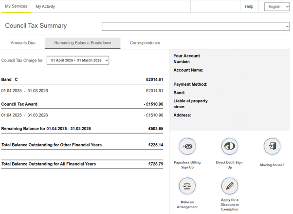 Council Tax details screen