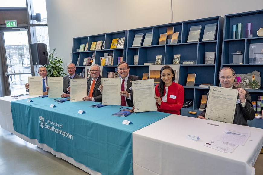 Civic Centre Agreement signed by representatives from Southampton City Council alongside the University of Southampton, Winchester City Council, Eastleigh and Test Valley Borough Councils and Hampshire County Council.