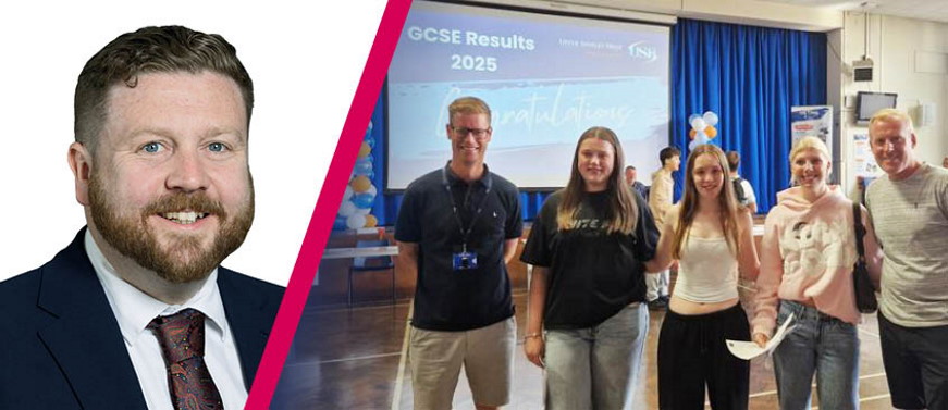 The Leader of Southampton City Council, Councillor Alex Winning, inset with some students and teachers