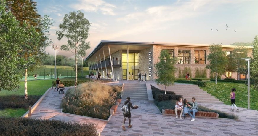CGI image of a building called 'The Hub' with stairs leading up to it and people and trees surrounding the building