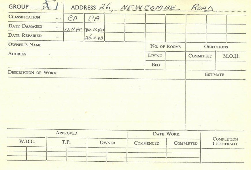 A war damage card for 26 Newcombe Road