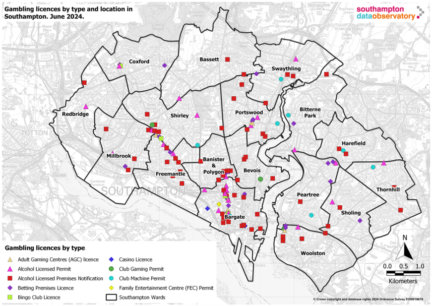 Map of gambling licenses by type and location in Southampton June 2024