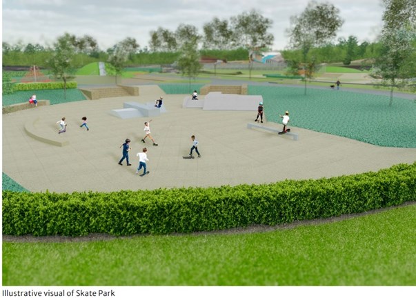 CGI of skate park and young children skating across skate park. The CGI skate park is surrounded by green trees.