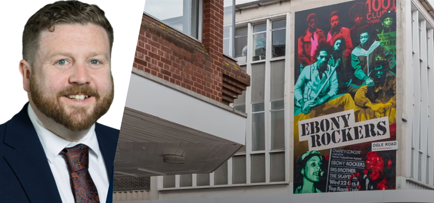 The Leader of Southampton City Council, Councillor Alex Winning, inset with exhibition sign