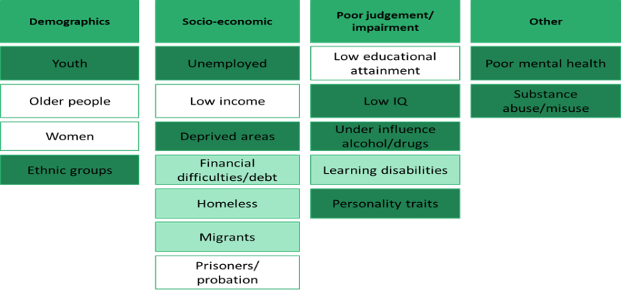 Demographics, socio-economic, poor judgement/impairment and other groups which are higher risk