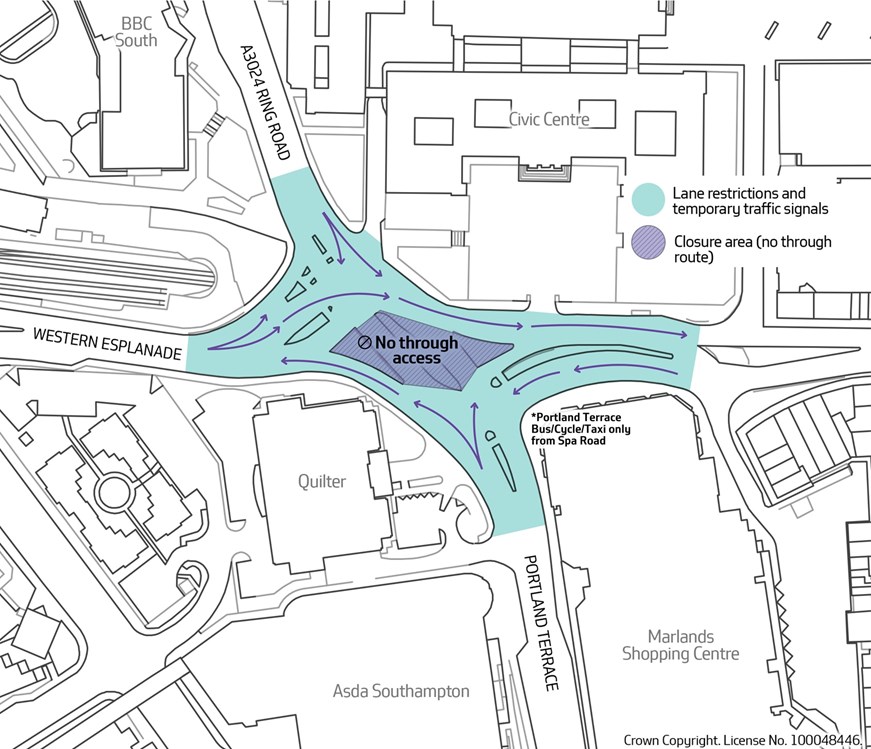 A map of the lane restrictions, area closure and allowed traffic movements to facilitate the works at Civic Centre Junction.