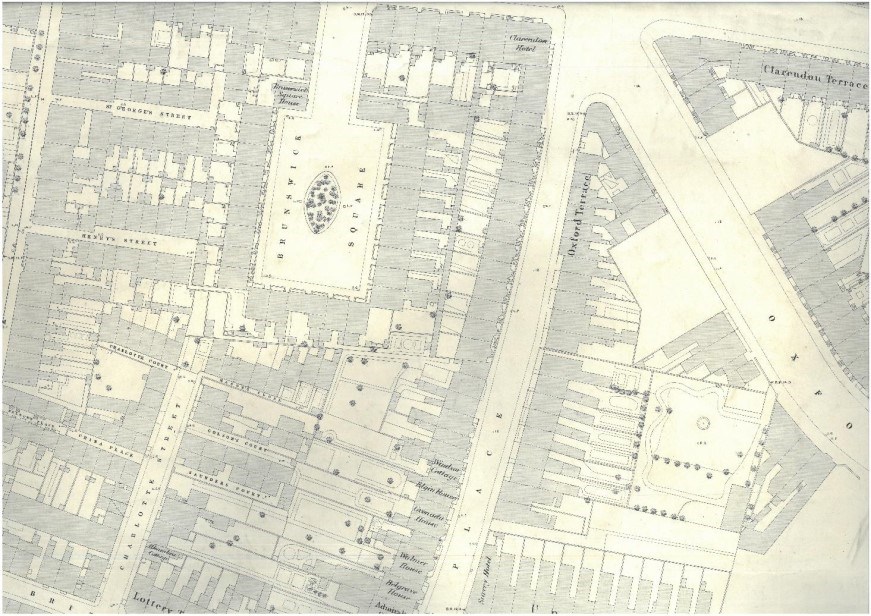 1870 Ordnance Survey map showing several Southampton streets and areas including Henry’s Street, George’s Street, Charlotte Street, and Brunswick Square, among others.