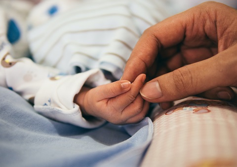 An adult hand holding a baby's hand