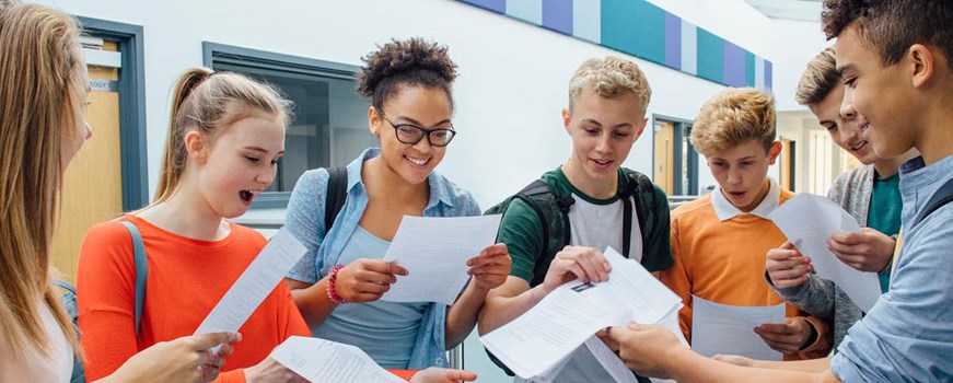 Students looking at results