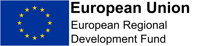 European Union - European Regional Development Fund. Against a background of blue sky, twelve golden stars form a circle representing the union of the peoples of Europe.