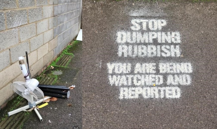 Image of a fly-tip alongside the image of the cleaned up space, with stencil on it