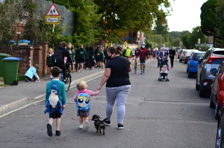 Children and parents walking to school