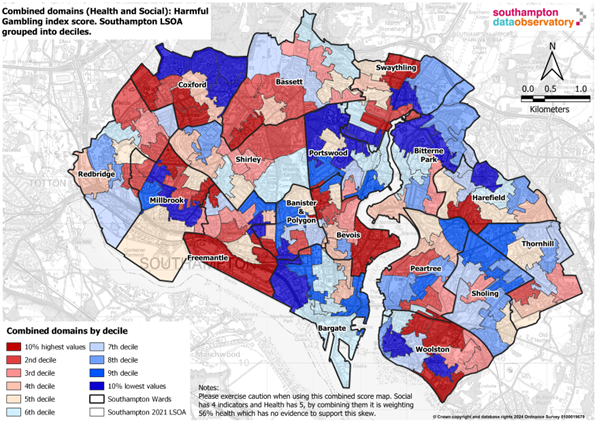 Map of Harmful Gambling index score in Southampton