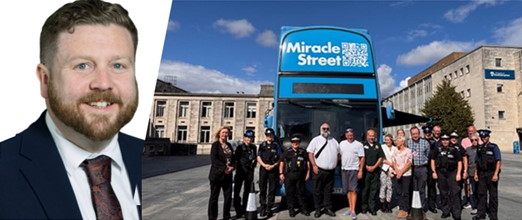 The Leader of Southampton City Council, Councillor Alex Winning, inset with people and police standing in front of a bus that says 'Miracle Street'
