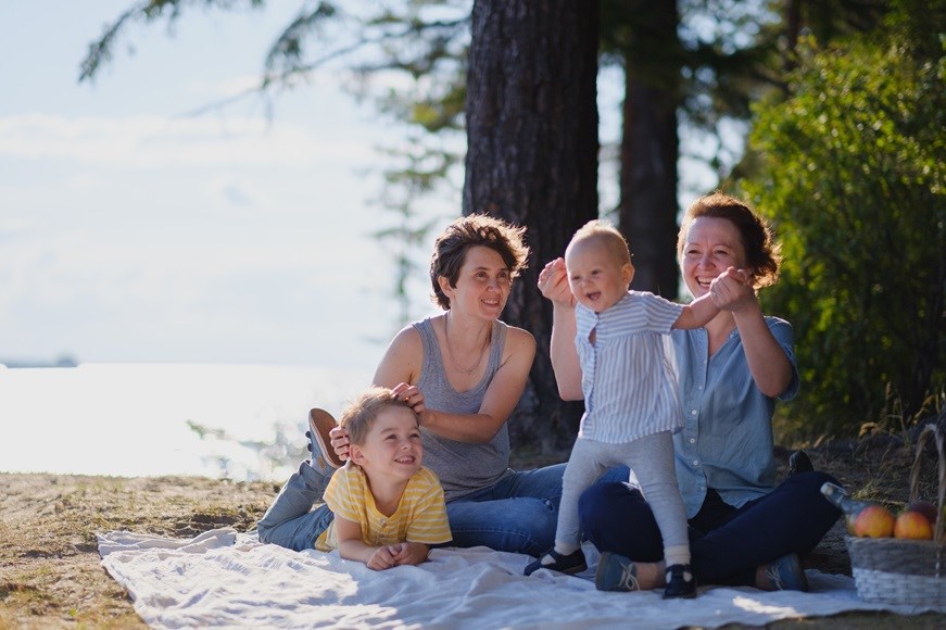 A pair of women and their young children