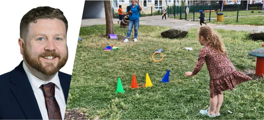 The Leader of Southampton City Council, Councillor Alex Winning, inset with a child playing