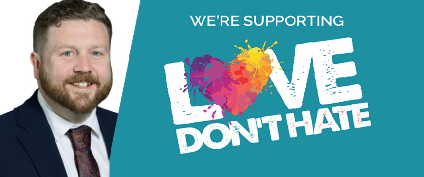 The Leader of Southampton City Council, Councillor Alex Winning, inset with text "we're supporting love don't hate"