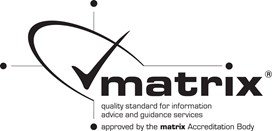 The Matrix quality standard logo with the text: Matrix. Quality Standard for Information, Advice and Guidance Services. Approved by the matrix Accreditation Body