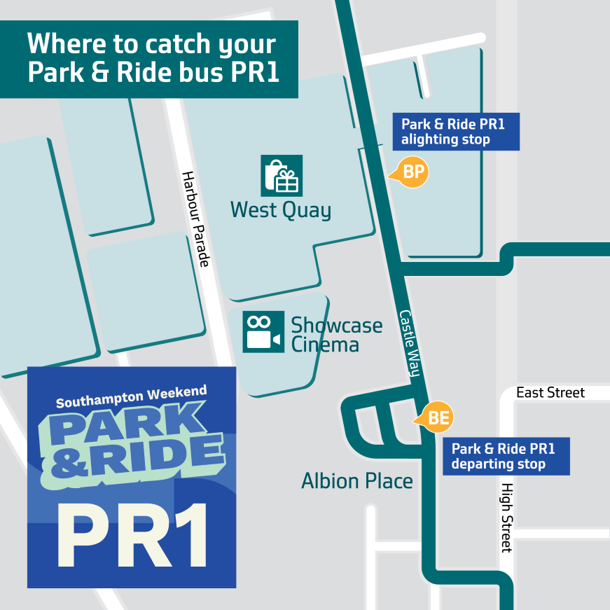 Map showing where to catch your Park and Ride bus PR1