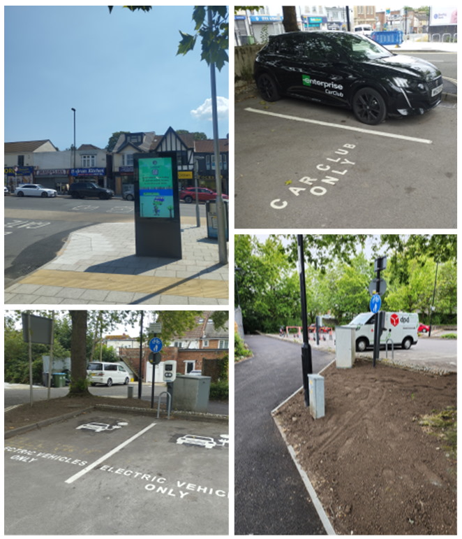 A photo montage of 4 images showing the new facilities at the Woolston Travel Hub, including new real time transport information, car club bays, electric vehicle charging and improved paths and e-scooter bays