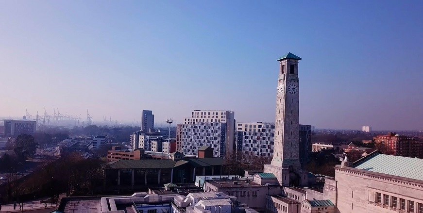 Arial view of Southampton and Civic Centre with Southampton docks in background